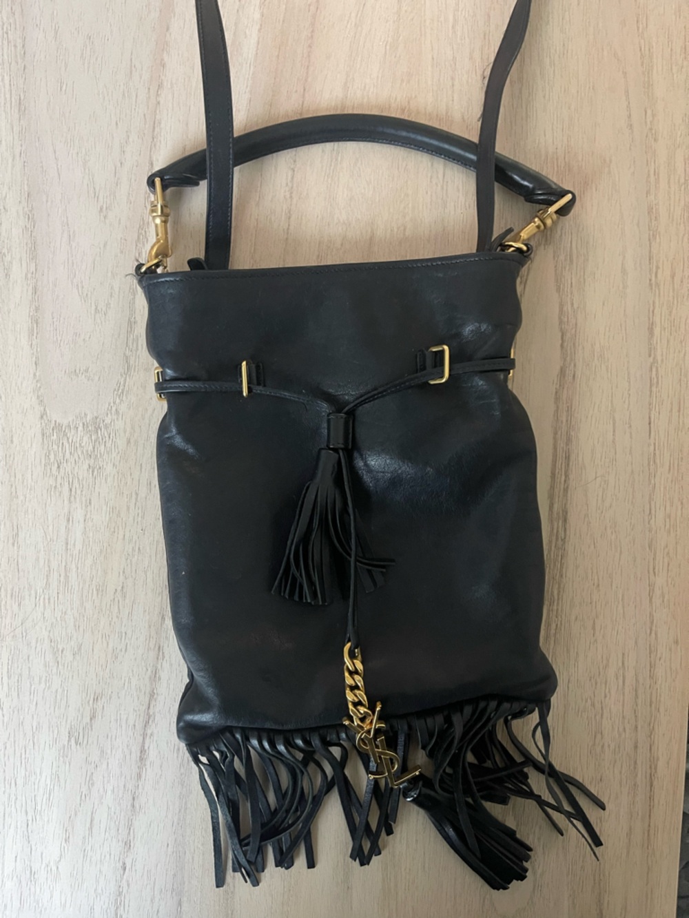 Vintage YSL Black Leather Tassel Crossbody Bag